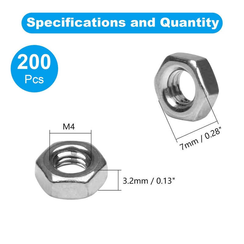 Yinpecly 200pcs M4-0.7 Hex Nut, 304 Stainless Steel Nuts,M4x0.7mm Hex Drive,Metric Coarse Thread Hexagon Nut,Small Nuts Fasteners, Right Hand, M4 Replacement Nut - Image 2